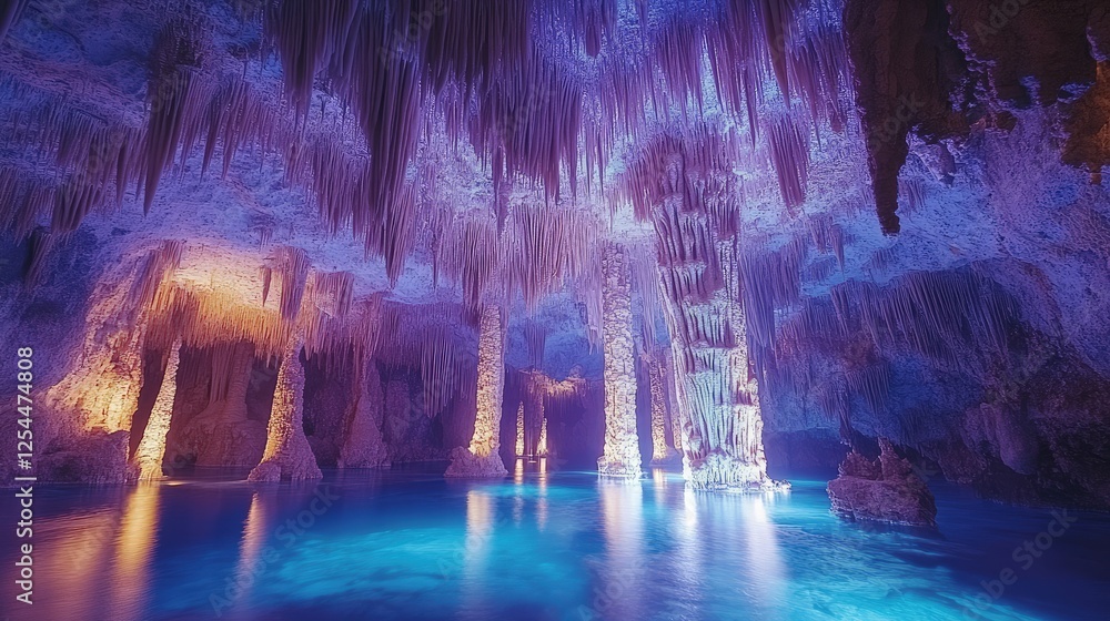 Obraz premium Stunning underground cave with illuminated stalactites and stalagmites reflecting in blue water