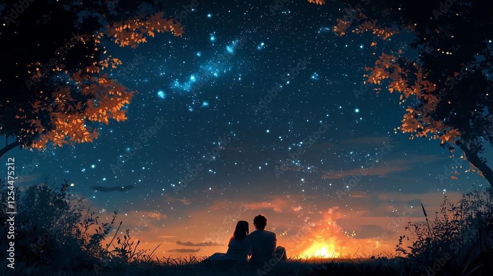 Cozy couple wrapped in a blanket, sitting under a starry sky with a glowing campfire nearby, enjoying a quiet, intimate night outdoors. Cozy couple wrapped in a blanket, sitting under a starry sky with a glowing campfire nearby, enjoying a quiet, intimate night outdoors.