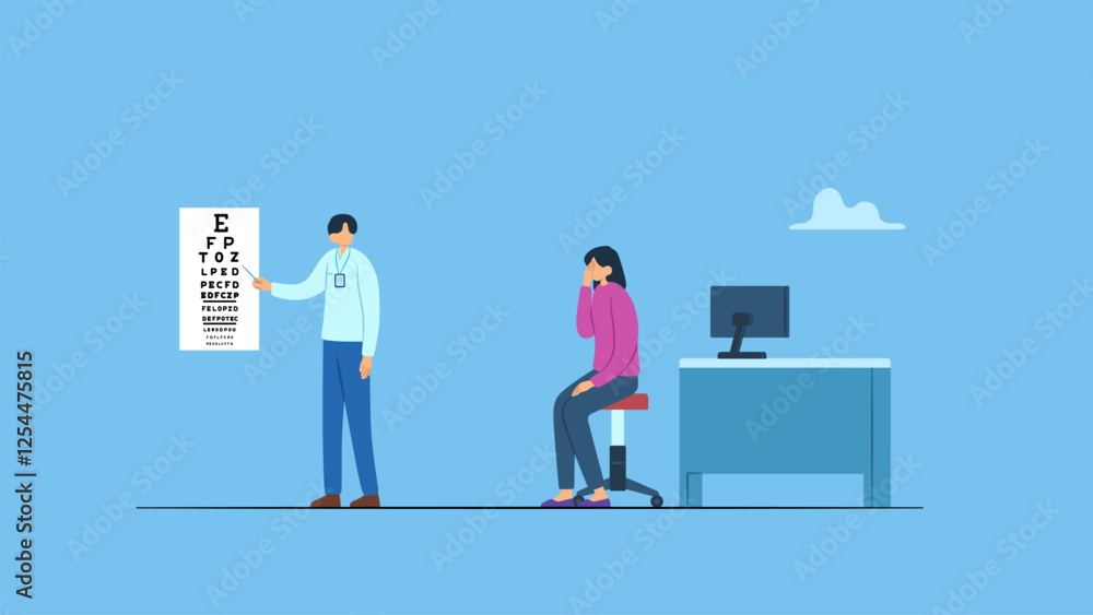 Vector illustration of young man doctor ophthalmologist making eye test using chart for sitting woman patient at clinic or hospital room. Ophthalmology and ophthalmologist concept. Vector illustration of young man doctor ophthalmologist making eye test using chart for sitting woman patient at clinic or hospital room. Ophthalmology and ophthalmologist concept.