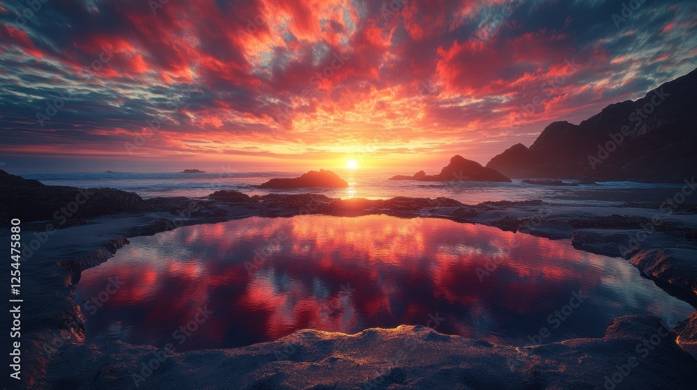 Fiery sunset reflecting in coastal tidal pool, dramatic sky, ocean rocks Fiery sunset reflecting in coastal tidal pool, dramatic sky, ocean rocks
