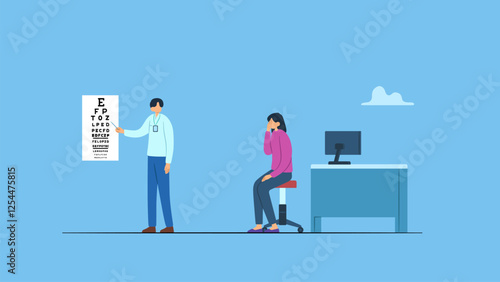 Vector illustration of young man doctor ophthalmologist making eye test using chart for sitting woman patient at clinic or hospital room. Ophthalmology and ophthalmologist concept.
