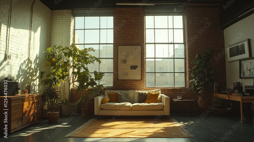 Fototapeta premium Sunlit Loft Apartment Living Room with Plants