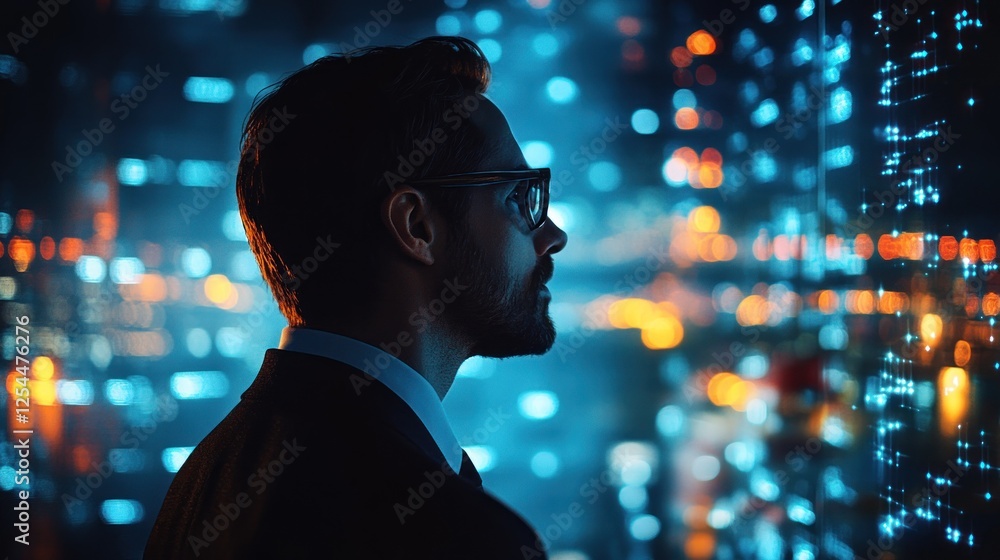 Man, city, night, data, future, technology, vision, progress, business, analyzing Man, city, night, data, future, technology, vision, progress, business, analyzing