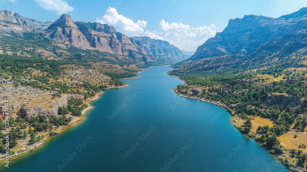 Fototapeta premium Aerial view of a serene river winding through majestic mountains under a clear blue sky