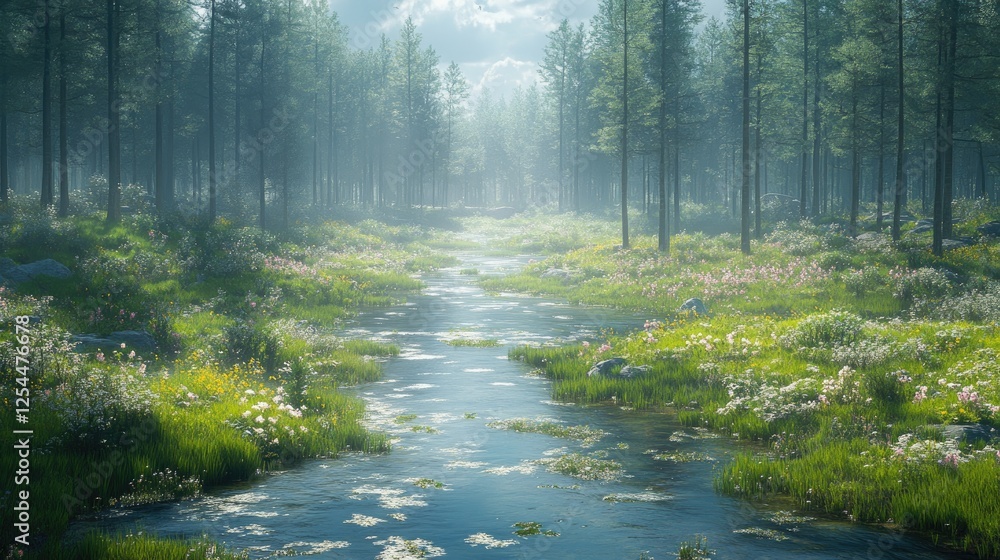 Serene forest landscape with a flowing river, vibrant flora, and misty atmosphere in the background Serene forest landscape with a flowing river, vibrant flora, and misty atmosphere in the background