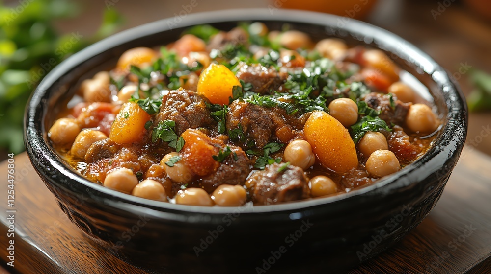 A vibrant bowl of hearty stew, featuring tender meat, chickpeas, and colorful vegetables, garnished with fresh herbs. Perfect for showcasing comfort food at its finest. A vibrant bowl of hearty stew, featuring tender meat, chickpeas, and colorful vegetables, garnished with fresh herbs. Perfect for showcasing comfort food at its finest.