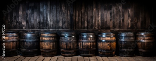 Old wooden whiskey, scotch, wine barrels stack in a warehouse. AI generated image