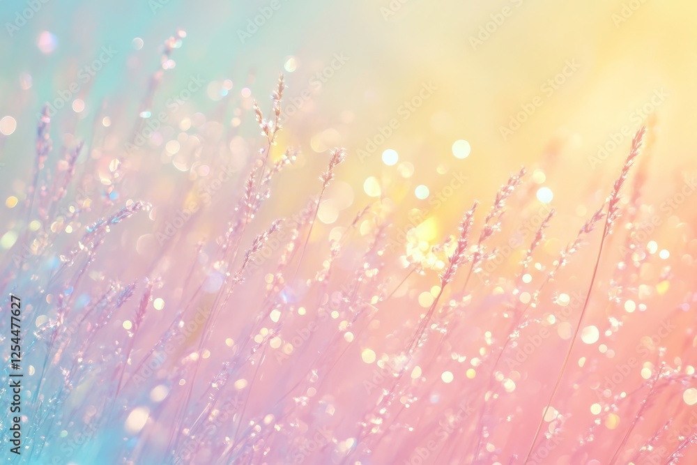 Pastel meadow sunrise with dew drops. Pastel meadow sunrise with dew drops.