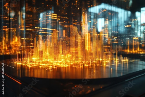 Illuminated city model displayed in glass case, night cityscape backdrop, urban planning photo