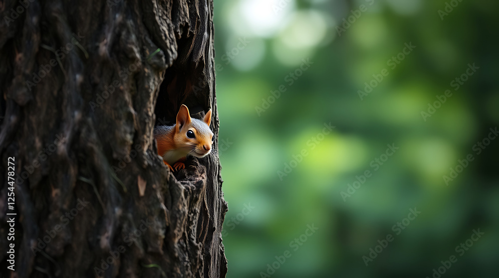Obraz premium A small brown squirrel peeks out from the trunk of an old tree in a green forest