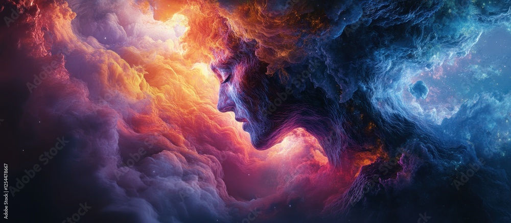 Cosmic Woman Serene face in fiery nebula, colorful cloudscape, spiritual art Cosmic Woman Serene face in fiery nebula, colorful cloudscape, spiritual art