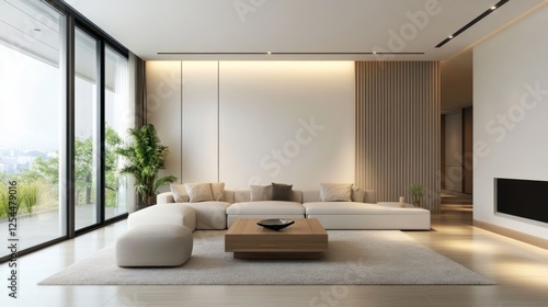 Modern living room with large windows, wooden elements, and a fireplace.