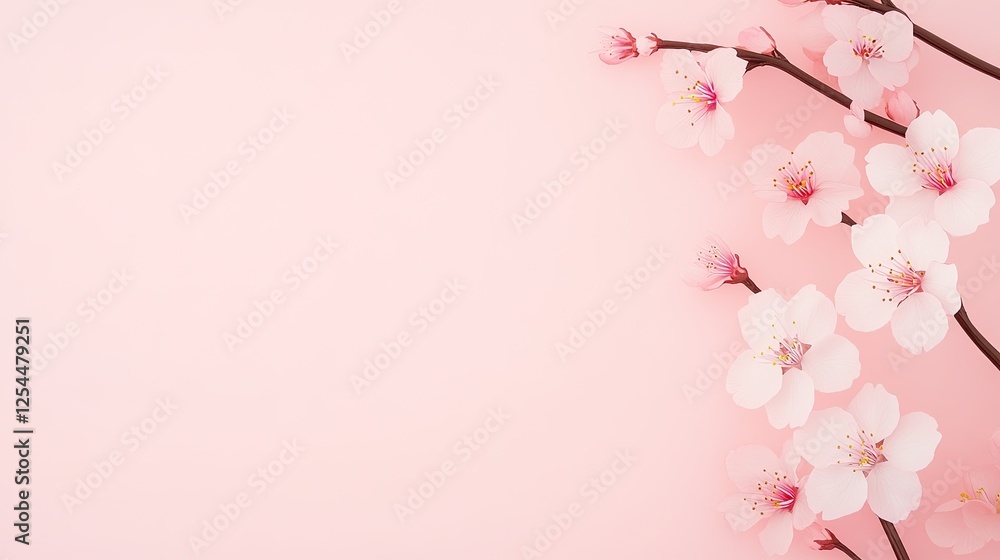 Delicate cherry blossom branches gracefully arranged on a soft pink background, evoking springtime serenity Delicate cherry blossom branches gracefully arranged on a soft pink background, evoking springtime serenity
