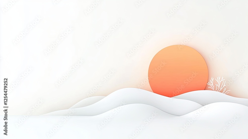 Fototapeta premium Abstract landscape with soft white hills and a large orange sun setting in a serene background