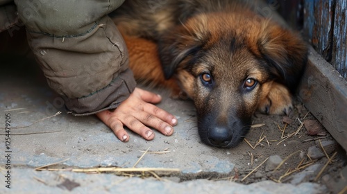 A child hand touch lonely street dog homeless animal in the city. AI generated image