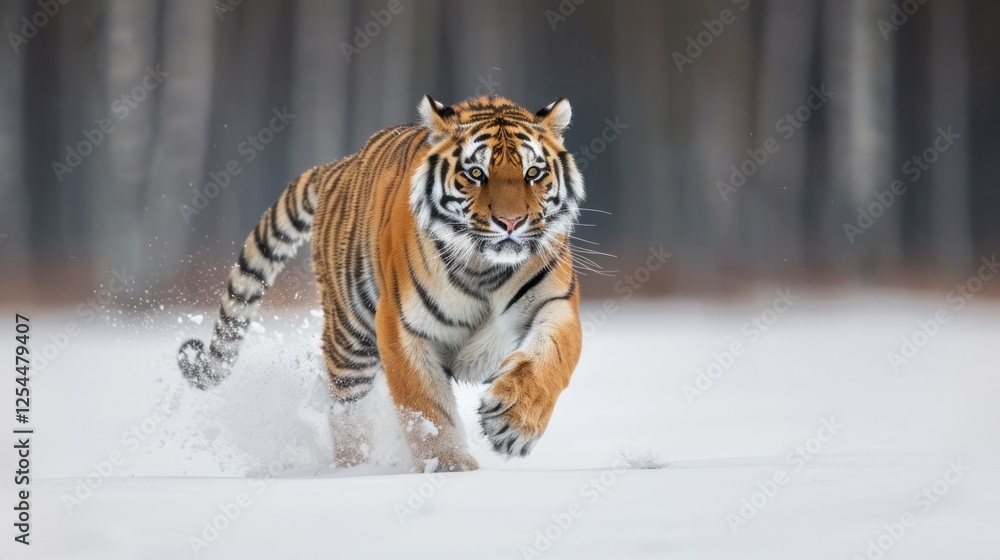 Obraz premium Portrait wild siberian tiger majestic animal running in winter snow. AI generated image