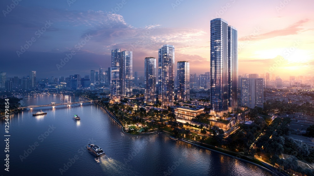 Riverfront luxury condos, sunset city skyline, boat, advertising Riverfront luxury condos, sunset city skyline, boat, advertising