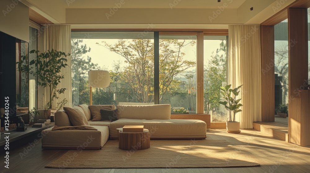 Fototapeta premium Modern living room, sunlight, autumn trees, cozy design, interior
