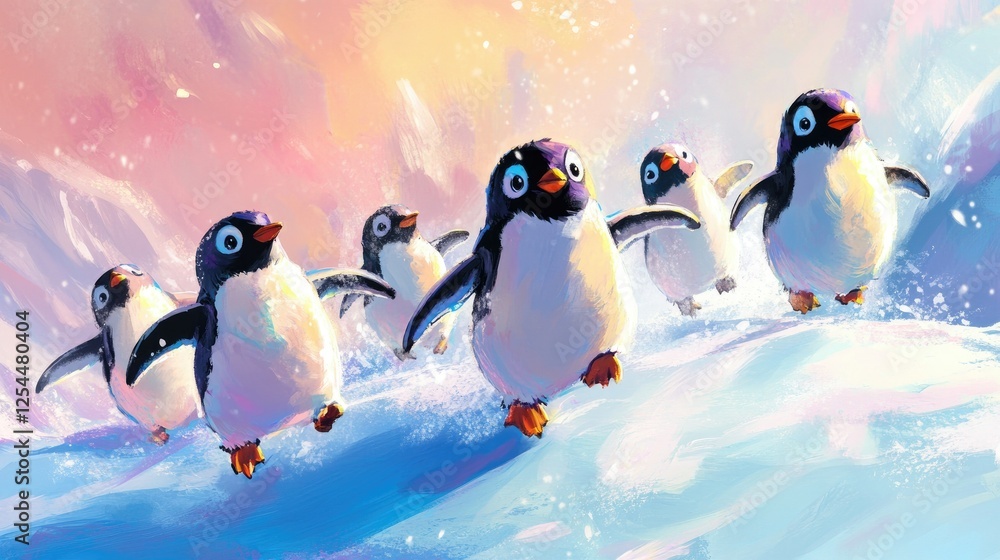 Fototapeta premium Playful Penguins Sliding on Snowy Surface in Colorful Winter Scene