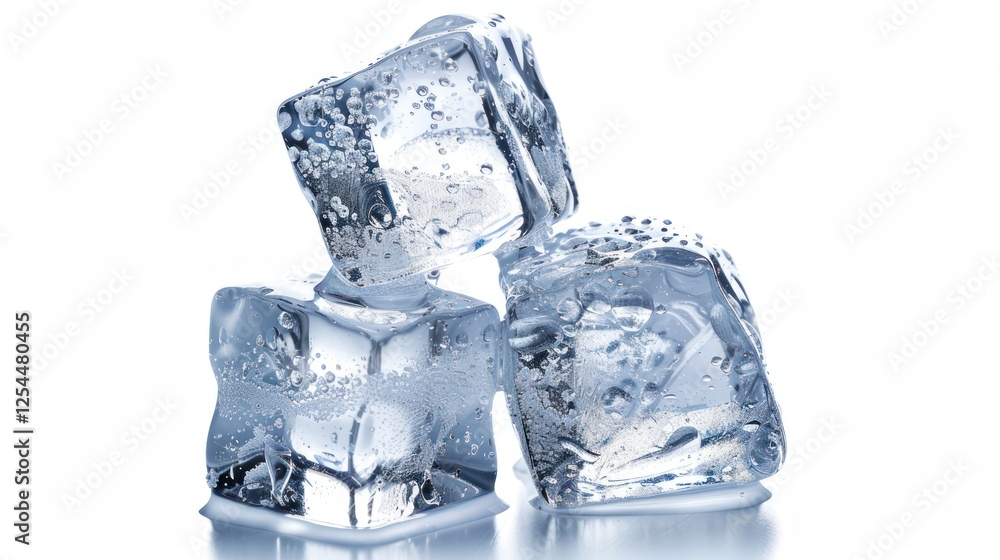 Obraz premium Closeup three ice cubes transparent stack on white background. AI generated image