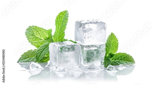 Closeup detail of ice cubes stack with green mint leaves on white background. AI generated image