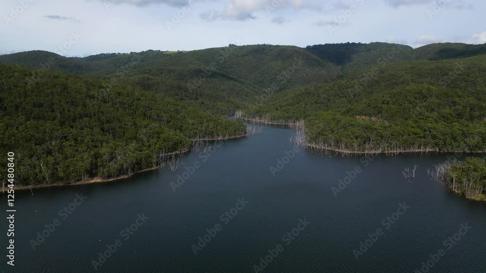 Right to left aerial views of Advancetown Lake near the Western Boat Ramp on the Gold Coast Hinterland. Right to left aerial views of Advancetown Lake near the Western Boat Ramp on the Gold Coast Hinterland.