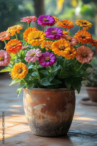 Wallpaper Mural Vibrant Zinnia Flowers in Rustic Terracotta Pot Summer Garden Blooms Colorful Torontodigital.ca