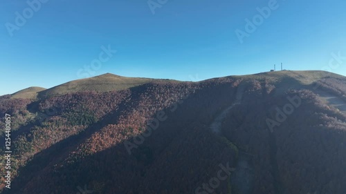 Pan shot on a sunny day of the trees of Mount Vermio - a mountain range in northern Greece. photo