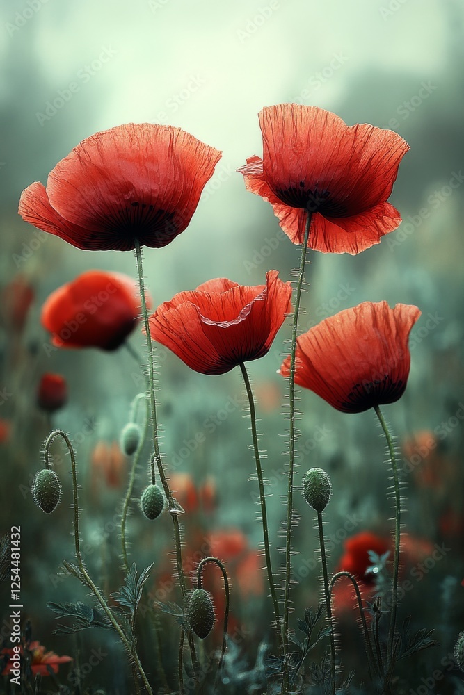 Obraz premium Vibrant Red Poppies Blooming in a Field Summer Nature Photography