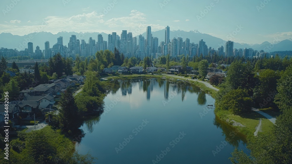 Fototapeta premium Cityscape reflection, tranquil lake, suburban homes, mountain backdrop, aerial view