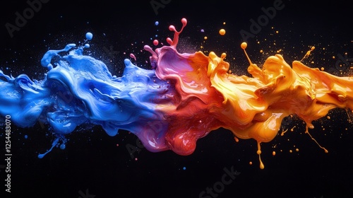Vibrant splashes of blue, orange, and pink paint colliding against a dark background, creating dynamic motion