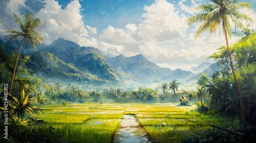 Serene Tropical Rice Paddy Landscape With Majestic Mountains
