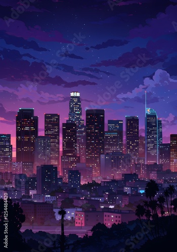 Art Illustration Neon Metropolis: A Cyberpunk Cityscape in Magenta and Purple Hues