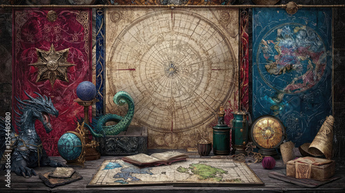 A detailed fantasy map and artifacts displayed on a wooden table in a mystical setting