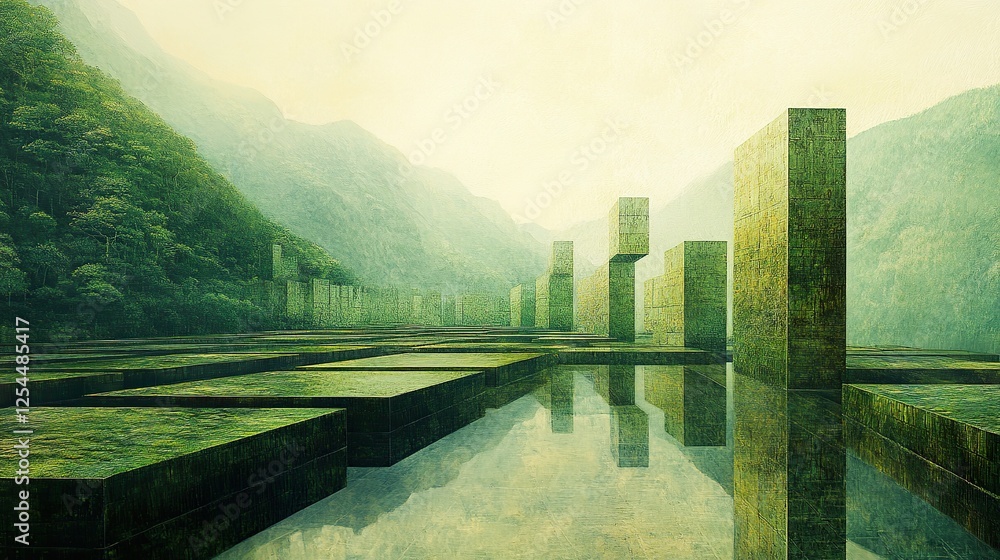 Fototapeta premium Green Geometric Structures Amidst Misty Mountains
