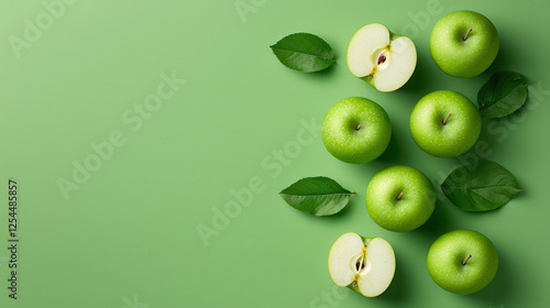 Wallpaper Mural Fresh green apples arranged with leaves on vibrant green background, showcasing their crisp texture and juicy interior. Perfect for healthy eating concepts Torontodigital.ca