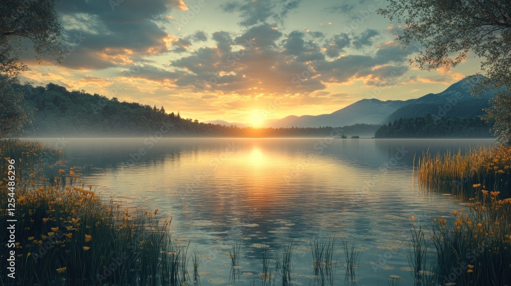 Fototapeta premium Calm lake sunset, misty mountains, serene landscape, idyllic nature scene, postcard