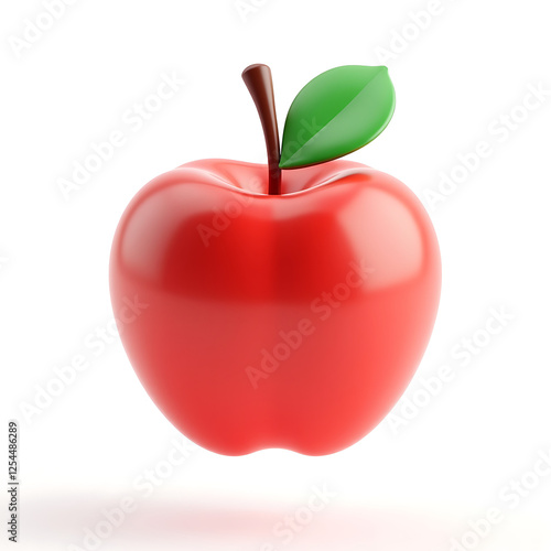 Glossy red 3D apple with a green leaf, isolated on white. Represents healthy eating, fruit, and nature. Suitable for food-related designs, educational materials, and icons.