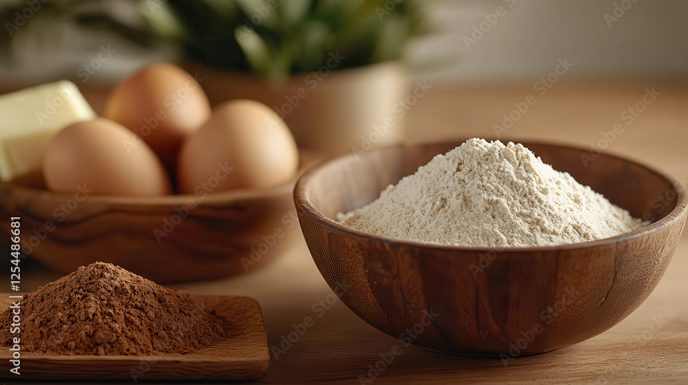 Fresh ingredients for baking, including flour, cocoa powder, eggs, and butter, arranged in cozy kitchen setting Fresh ingredients for baking, including flour, cocoa powder, eggs, and butter, arranged in cozy kitchen setting