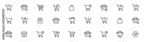 Shopping cart icon set, shopping trolley symbol . Add to shopping cart with arrow down icon , buy and sale , full and empty shopping cart symbols. shopping bag line icons. editable stroke