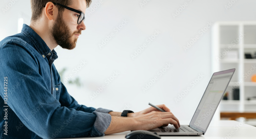 A man wearing glasses is typing on a laptop A man wearing glasses is typing on a laptop