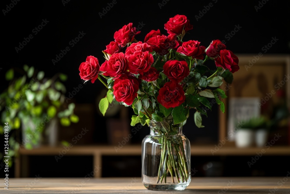 A bouquet of deep red roses placed in a decorative vase. The bright green stems contrast beautifully A bouquet of deep red roses placed in a decorative vase. The bright green stems contrast beautifully