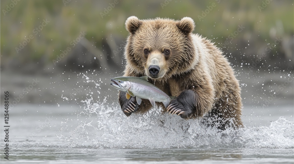 Obraz premium Grizzly bear catching salmon in a river, splashing water, with a lush green background