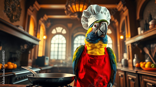 a colorful parrot wearing a white chef's hat and a red apron