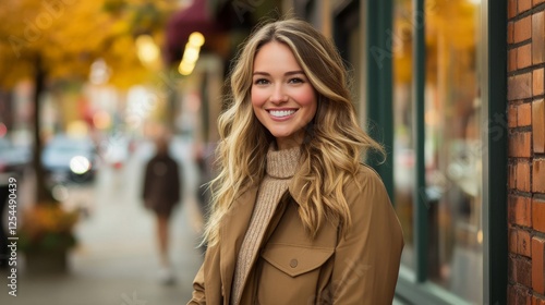 Wallpaper Mural downtown fashion scene, casual elegant portrait, genuine happiness, outdoor shopping moment, urban lifestyle capture, classic trench styling, soft afternoon glow, reflective storefronts, high-end Torontodigital.ca