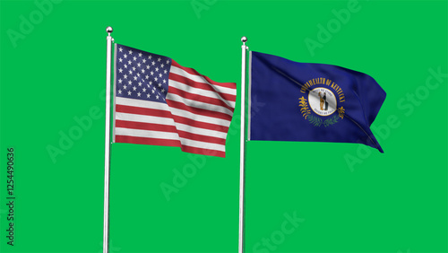 Kentucky and American Flag together. High detailed waving flag of Kentucky and USA. Kentucky state flag. USA. 3D Illustration.