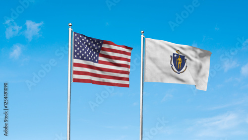 Massachusetts and American Flag together. High detailed waving flag of Massachusetts and USA. Massachusetts state flag. USA. 3D Illustration.