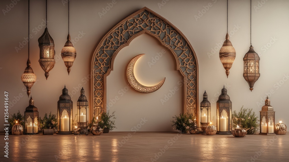 Fototapeta premium Beautiful Ramadan frame with geometric Islamic motifs, crescent moon, and lanterns, isolated on a plain background 