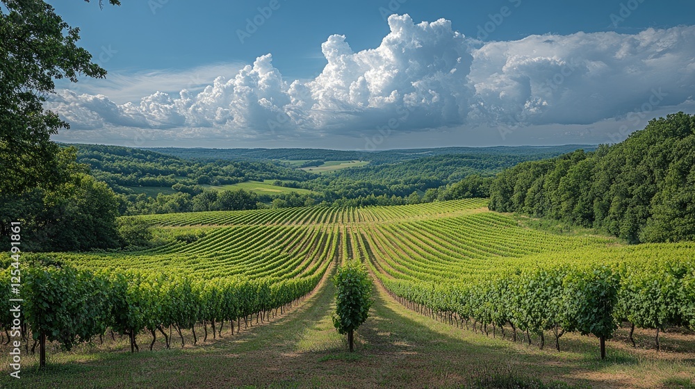 Naklejka premium Expansive vineyard landscape under a dramatic sky with rolling hills and lush greenery
