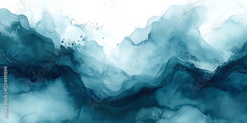 Abstract teal ink wash painting, resembling ocean waves.